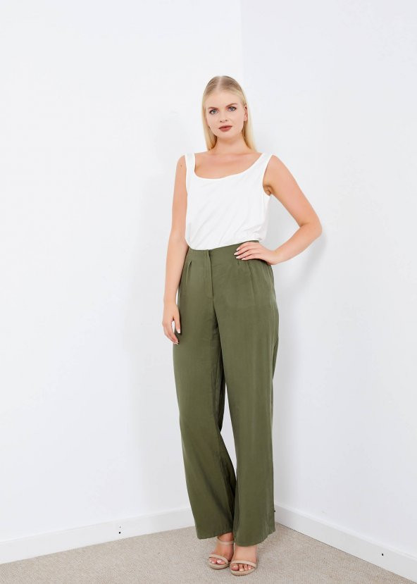 Kadın Haki Fermuarlı Salaş Pantalon - 2
