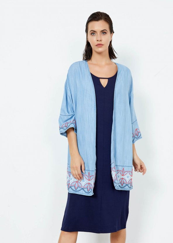 Kadın İndigo Nakışlı Kimono - 3