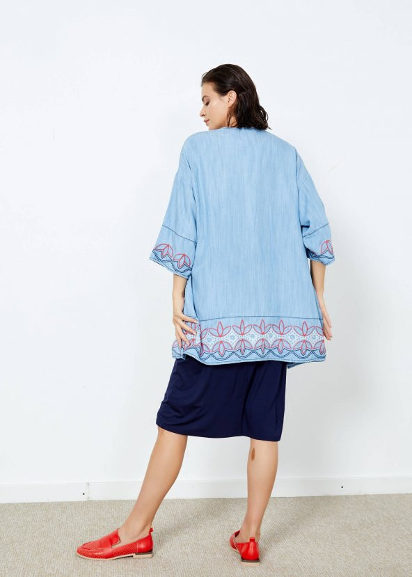 Kadın İndigo Nakışlı Kimono - 5