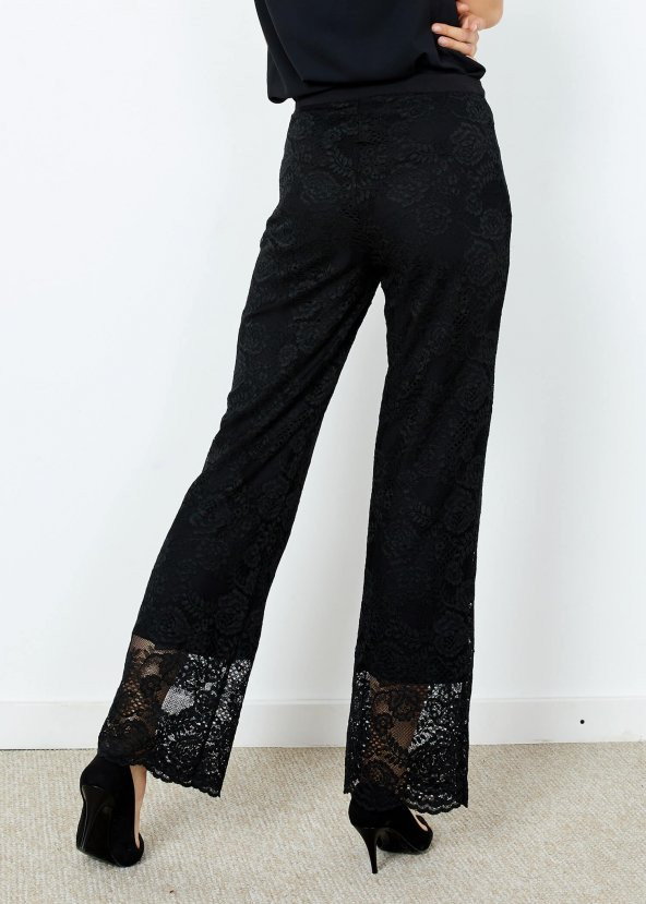 Kadın Siyah Güpürlü Yan Fermuarlı Pantalon - 3