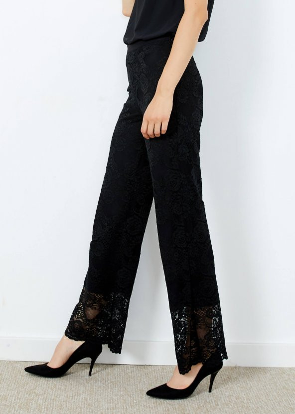 Kadın Siyah Güpürlü Yan Fermuarlı Pantalon - 4