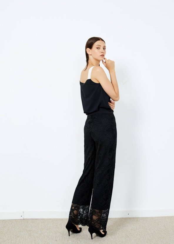 Kadın Siyah Güpürlü Yan Fermuarlı Pantalon - 5