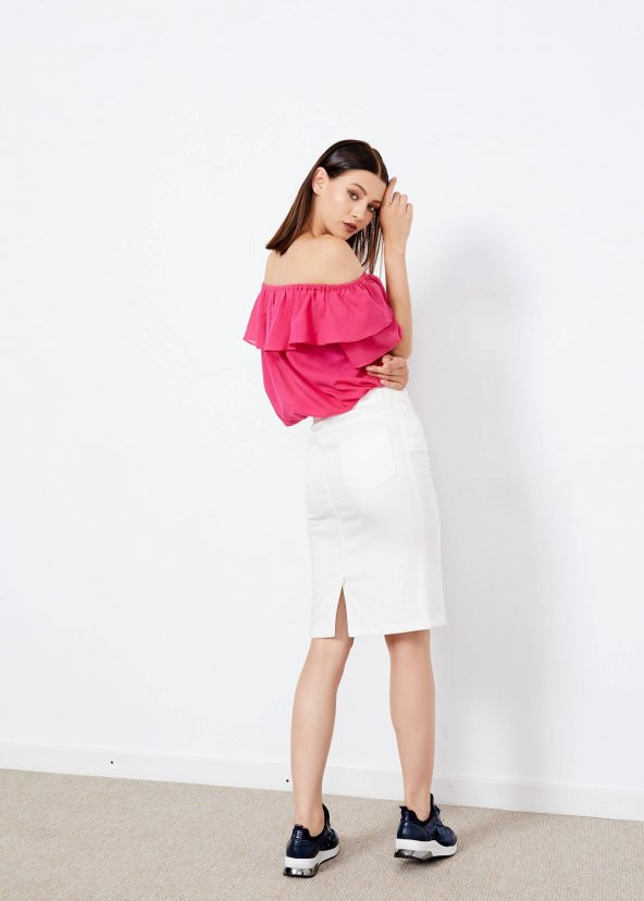 Kadın Ekru 5 Cep Jean Etek - 10