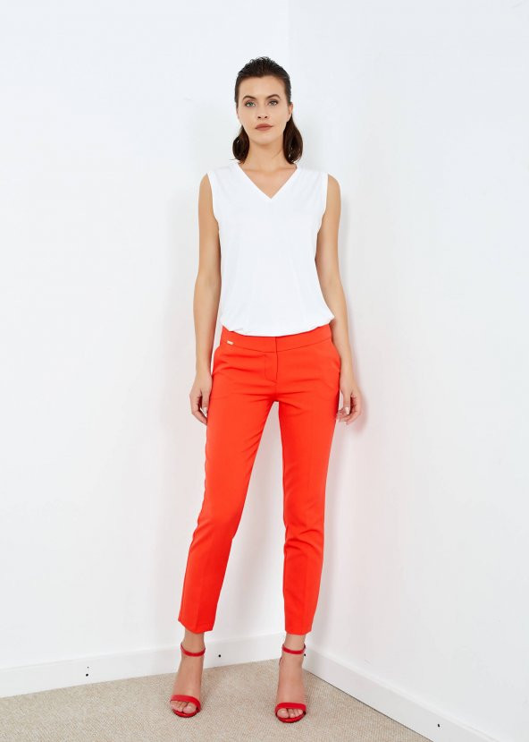 Kadın Kırmızı Yan Cepli Pantalon - 4