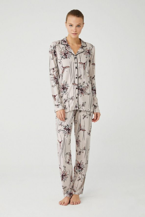 Mod Collection Kadın Bej Boydan Patlı Pijama Takım MOD.01.3395.21K