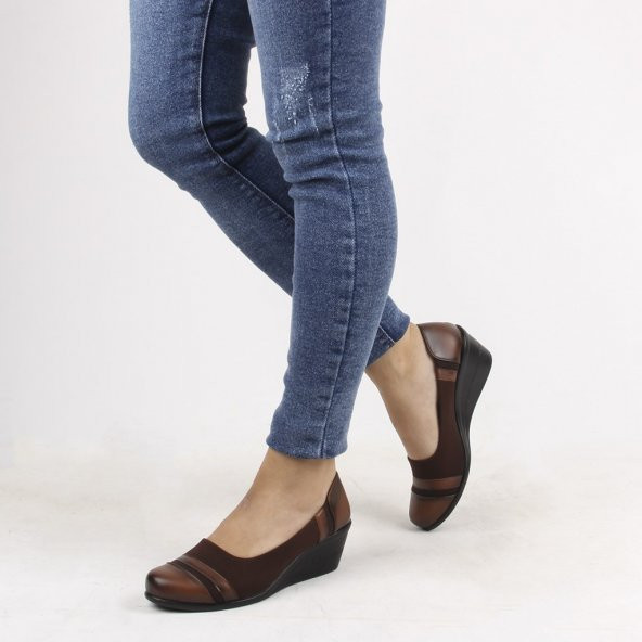 Moxee - Taba Deri, Kumaş Dolgu Topuk Kadın Ayakkabı