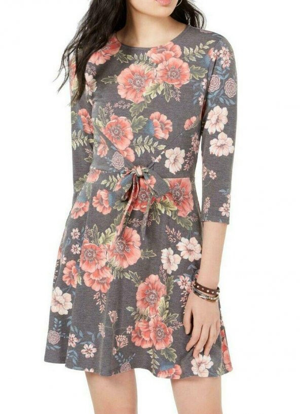 A-Line Çiçek Baskılı Bağcıklı Bel Penye Elbise
