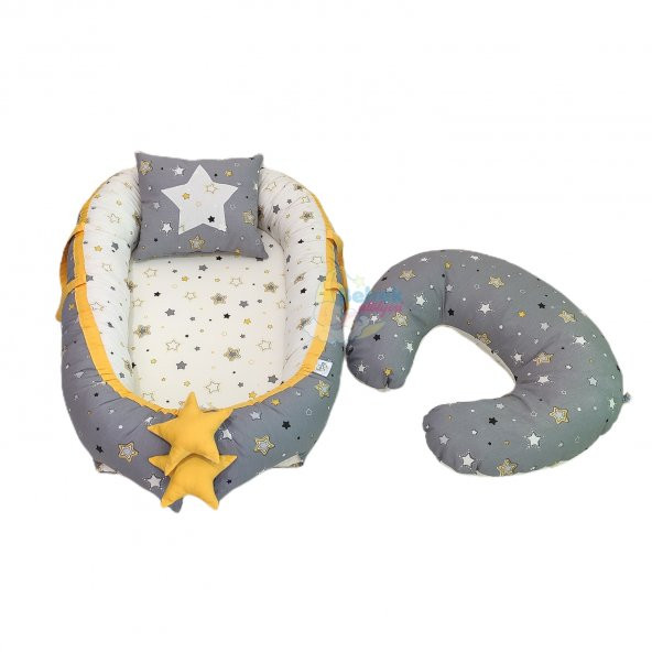 Bebekatölyesi Dasy Yıldız Desenli Gri Sarı Babynest ve Emzirme Yastığı