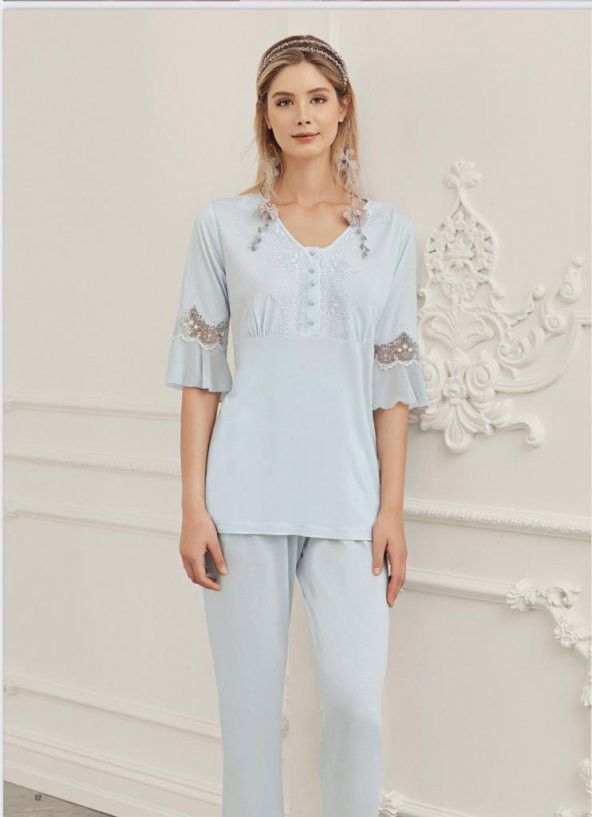 PERİN 316 MAVİ  Hamile Lohusa 3 Lü Pijama Sabahlık Takım - 3