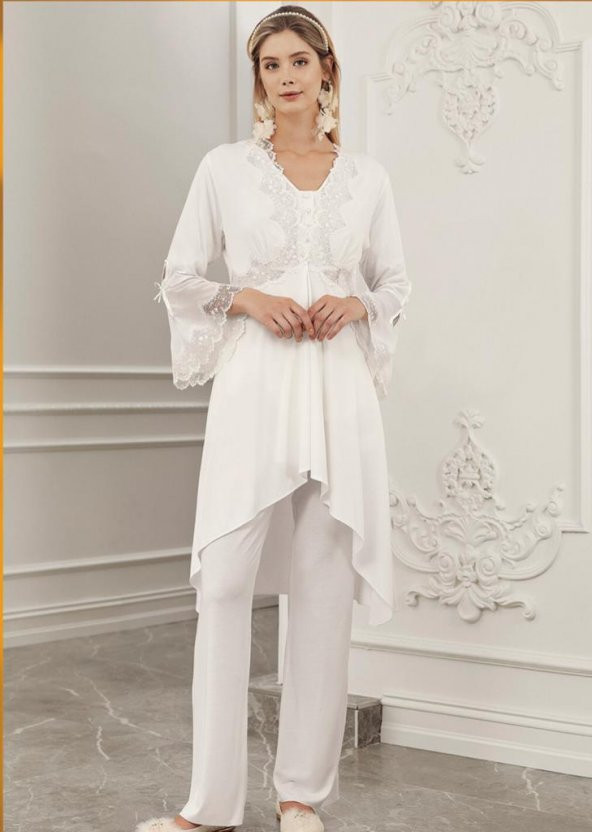 PERİN 316 ECRU Hamile Lohusa 3 Lü Pijama Sabahlık Takım - 3