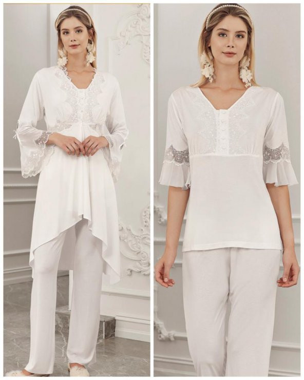 PERİN 316 ECRU Hamile Lohusa 3 Lü Pijama Sabahlık Takım - 4