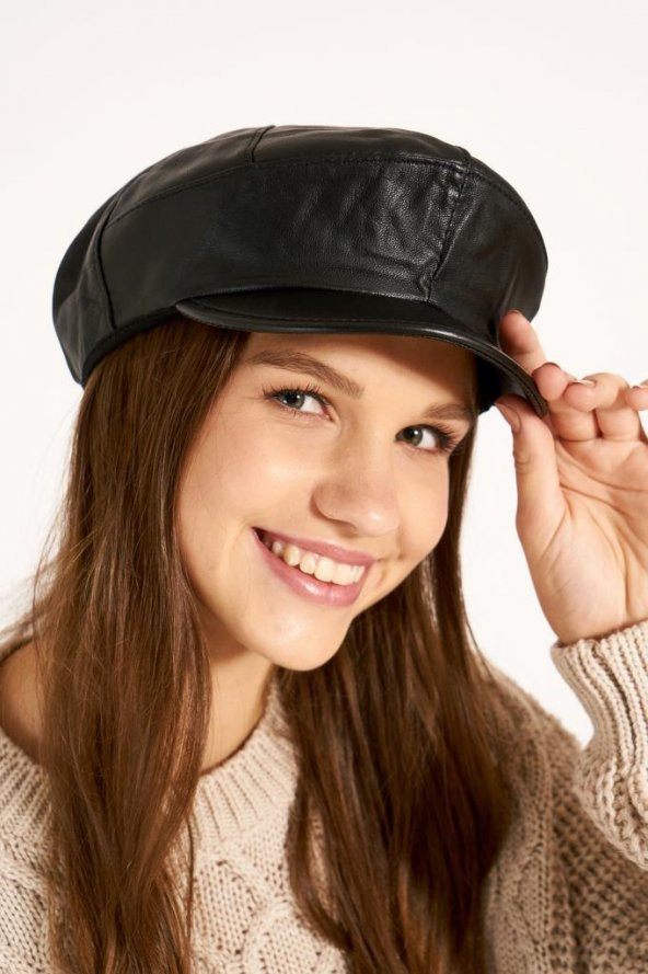 LPODRE LP10001 Siyah Deri Görünümlü Kadın Şapka