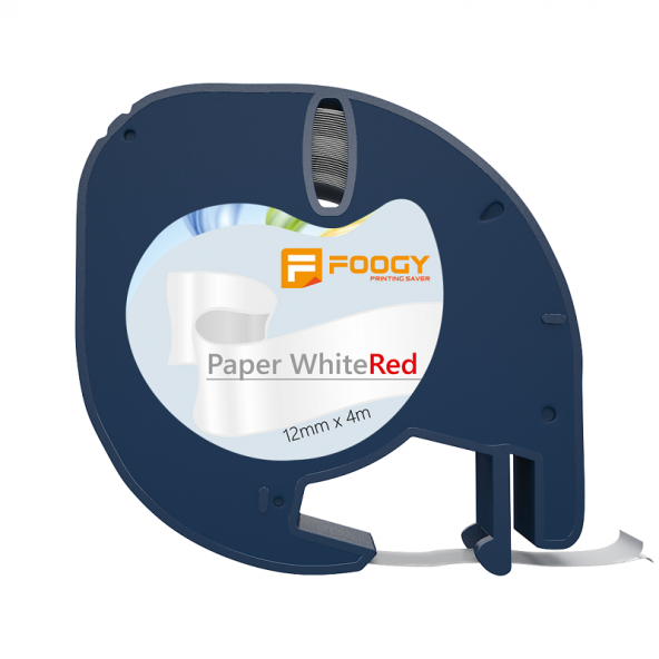 Foogy Dymo Letratag  Muadili Kağıt Şerit Etiket Beyaz -Kırmızı 12mm x 4 mt