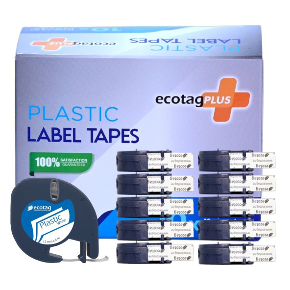 EcotagPlus Dymo Letratag Muadili Plastik Şerit Etiket Beyaz 10 lu Eco Paket