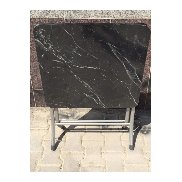Siyah Mermer Desenli Katlanır Balkon Masası - 60x60 cm