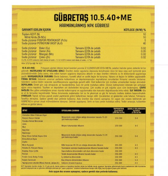 Gübretaş 10 5 40 + ME İz Elementli ( Bakır Demir Mangan Çinko ) Tamamı EDTA ile Şelatlı Amonyum ve Nıtrat Azotu Fosfor Potasyum Harmanlanmış Sebze ve Meyve Büyümesini Sağlayan Toz NPK Gübresi 5 Kg - 7