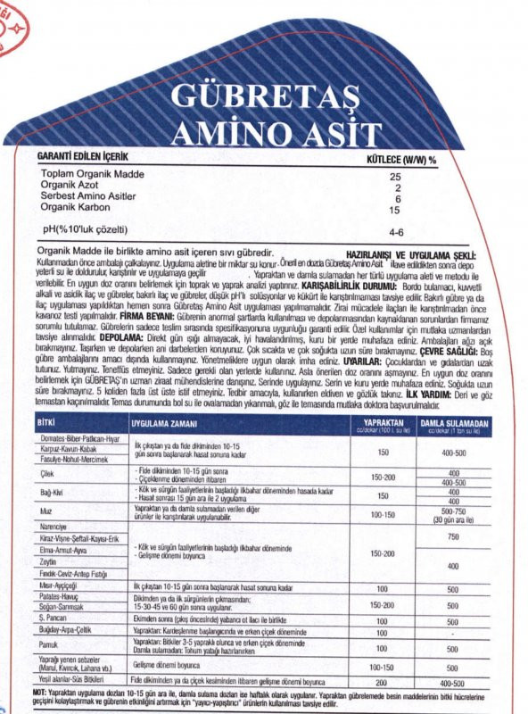 Gübretaş AMİNO ASİT Yaprak ve Damla Sulamadan Verilen Organik Humik + Fulvik Asit İçeren Organik Azot Bitkisel Menşeli Aminoasıt Çözeltisi Sıvı Gübre 20 Lt - 3