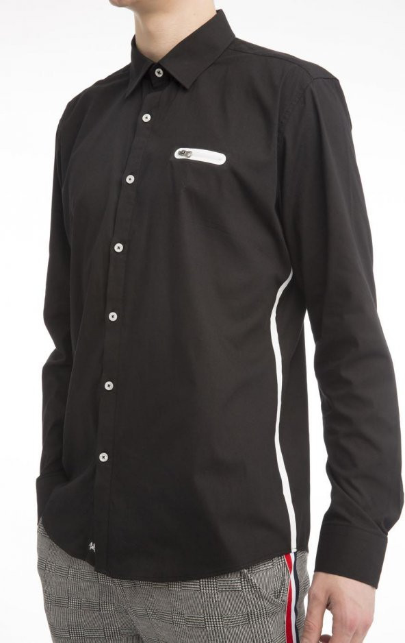 Erkek Regular Fit Cep Baskılı Düz Renk Gömlek - 2