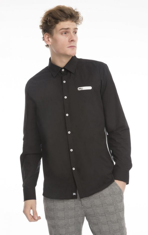 Erkek Regular Fit Cep Baskılı Düz Renk Gömlek - 11