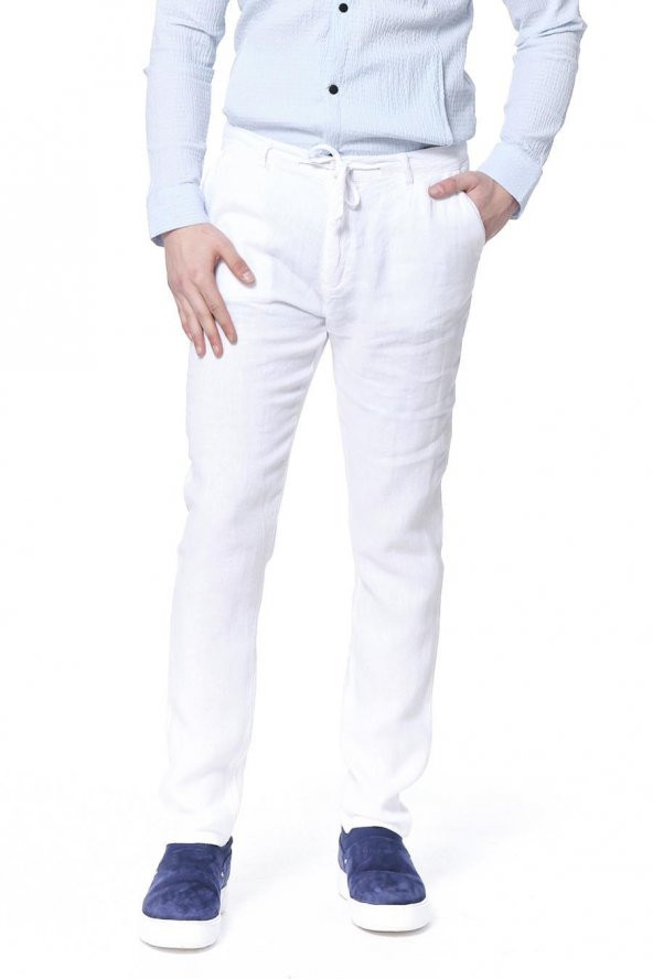 Erkek Regular Fit 100 Keten Bağcıklı Rahat Jogger Pantolon - 3