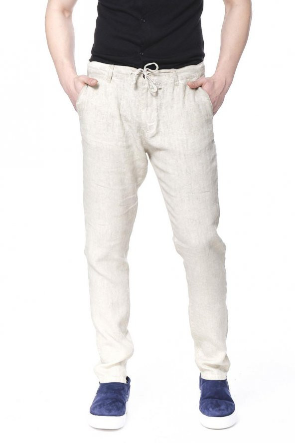 Erkek Regular Fit 100 Keten Bağcıklı Rahat Jogger Pantolon - 4