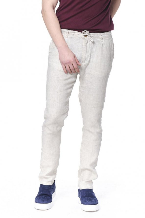 Erkek Regular Fit 100 Keten Bağcıklı Rahat Jogger Pantolon - 6