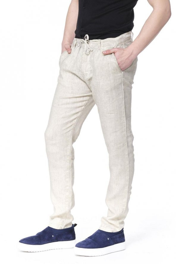 Erkek Regular Fit 100 Keten Bağcıklı Rahat Jogger Pantolon - 12