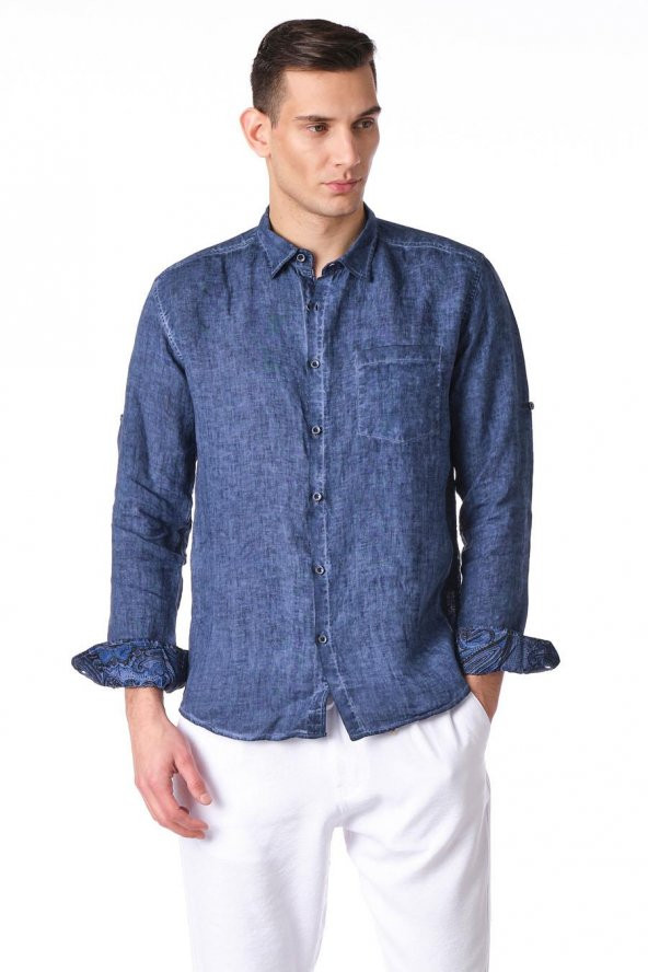 Erkek Regular Fit %100 Keten Cep Detaylı Gömlek - 2