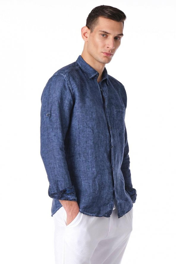 Erkek Regular Fit %100 Keten Cep Detaylı Gömlek - 3