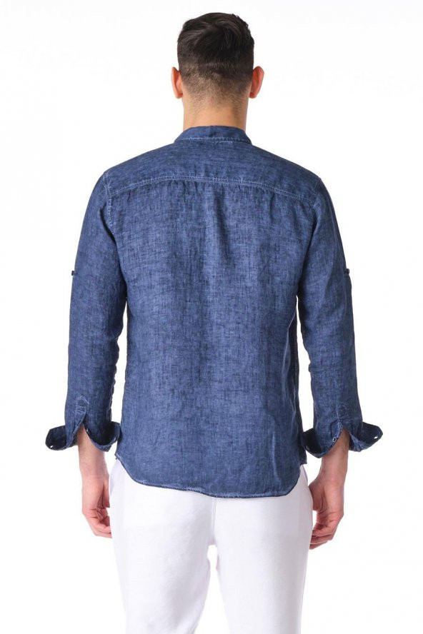 Erkek Regular Fit %100 Keten Cep Detaylı Gömlek - 4
