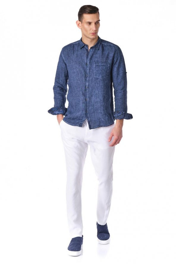 Erkek Regular Fit %100 Keten Cep Detaylı Gömlek - 5