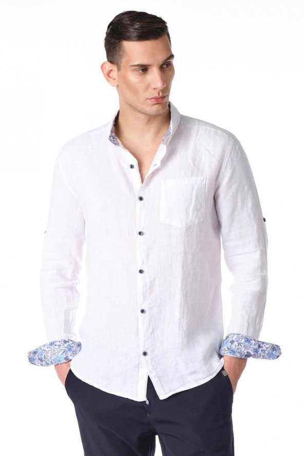 Erkek Regular Fit %100 Keten Cep Detaylı Gömlek - 6