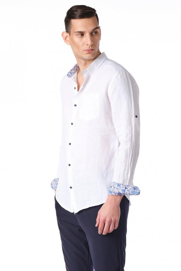 Erkek Regular Fit %100 Keten Cep Detaylı Gömlek - 7