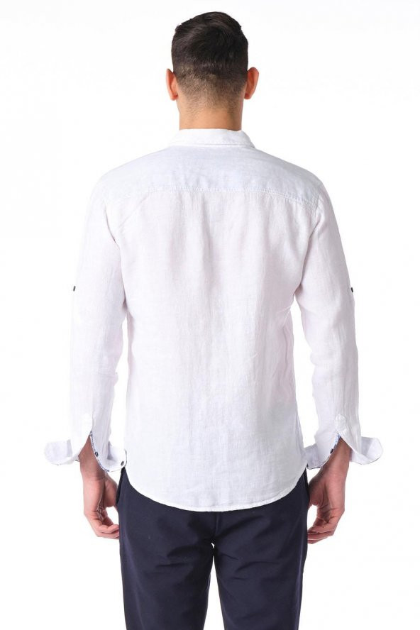 Erkek Regular Fit %100 Keten Cep Detaylı Gömlek - 8