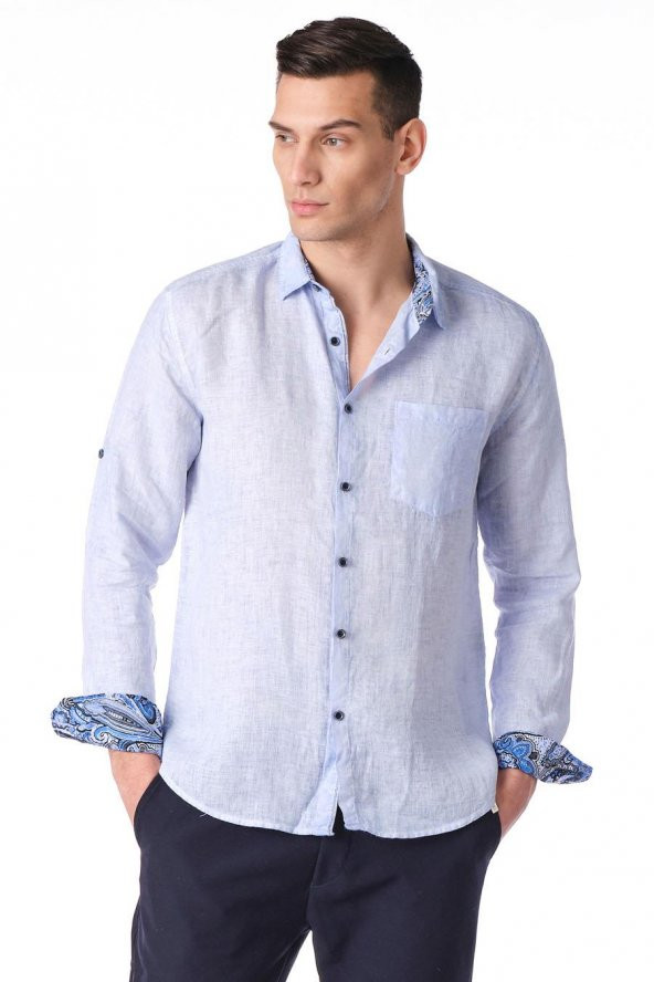 Erkek Regular Fit %100 Keten Cep Detaylı Gömlek - 10