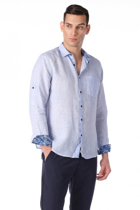 Erkek Regular Fit %100 Keten Cep Detaylı Gömlek - 11