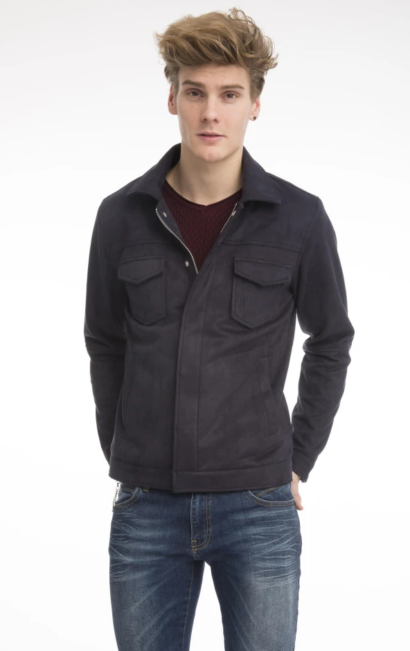 Erkek Slim Fit İçi Astarsız Cepli Baharlık Süet Kısa Mont - 2