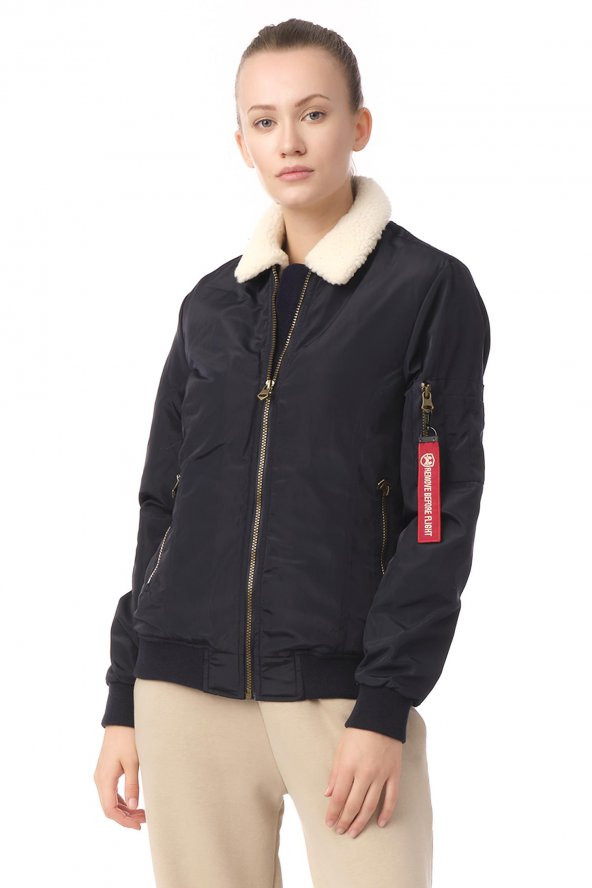 Kadın Yakası Çıkabilen Yünlü Çok Cepli Pilot Bomber Kolej Mont - 7