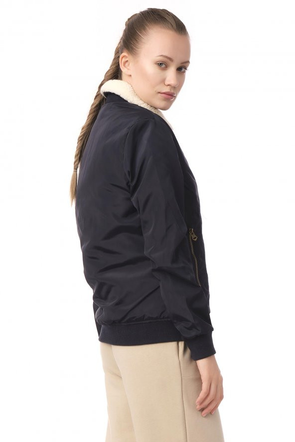 Kadın Yakası Çıkabilen Yünlü Çok Cepli Pilot Bomber Kolej Mont - 8