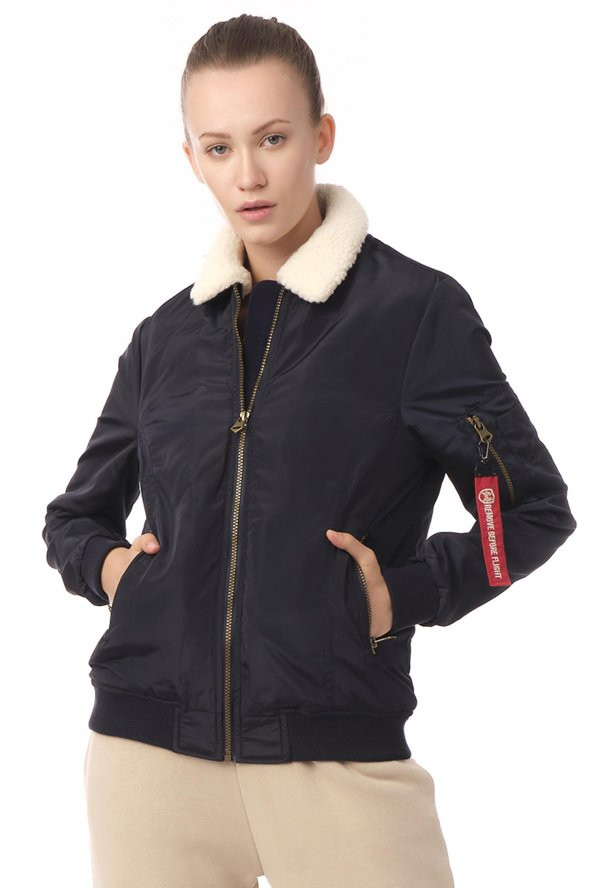 Kadın Yakası Çıkabilen Yünlü Çok Cepli Pilot Bomber Kolej Mont - 9