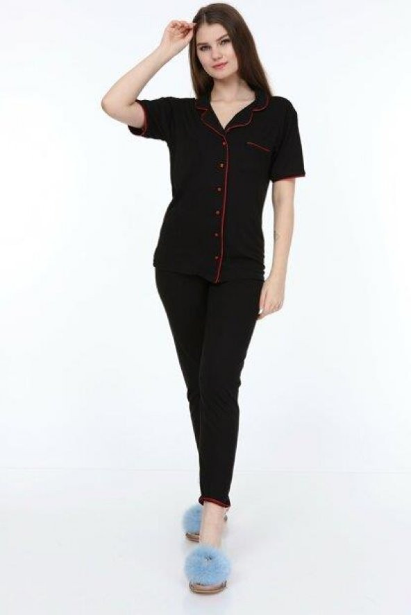 Modern Düz Kırmızı Çizgili Siyah Pijama Takımı