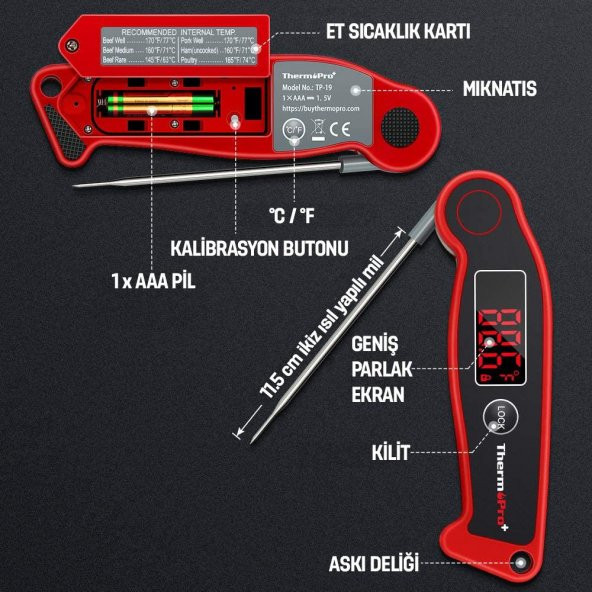 Thermopro Tp19 Su Geçirmez Katlanabilir Gıda Pişirme Termometresi - Resim 9