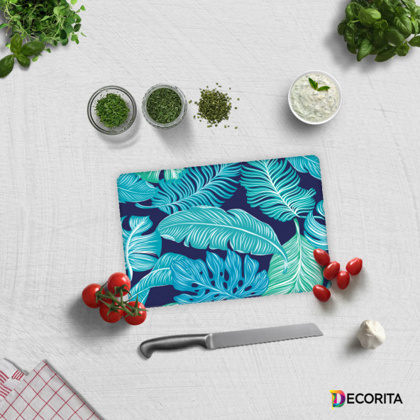 DECORITA Cam Kesme Tahtası - Mavi Tropik Yapraklar