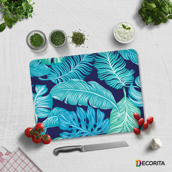 DECORITA Cam Kesme Tahtası - Mavi Tropik Yapraklar - 3