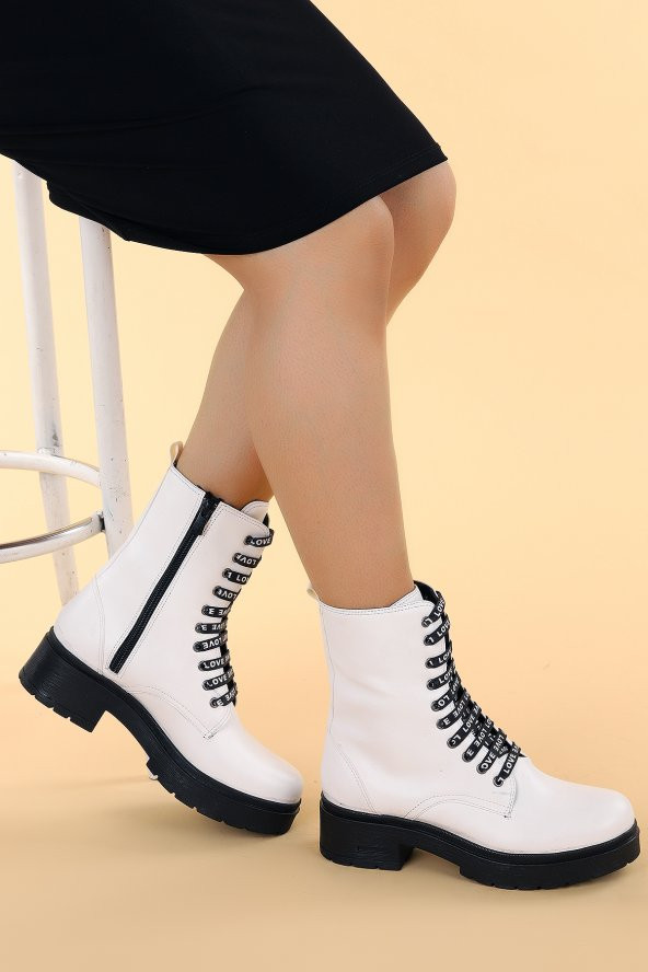 Ayakland 2463-2115 Cilt Fermuarlı Termo Kadın Bot Ayakkabı Beyaz