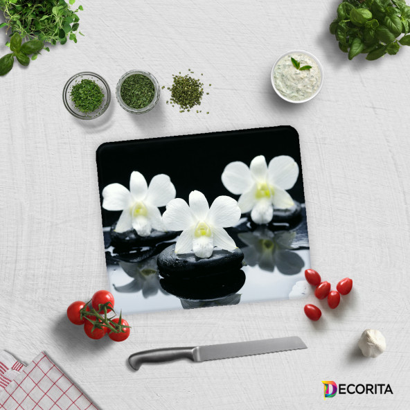 DECORITA Cam Kesme Tahtası- Siyah Fon Beyaz Orkideler - 2