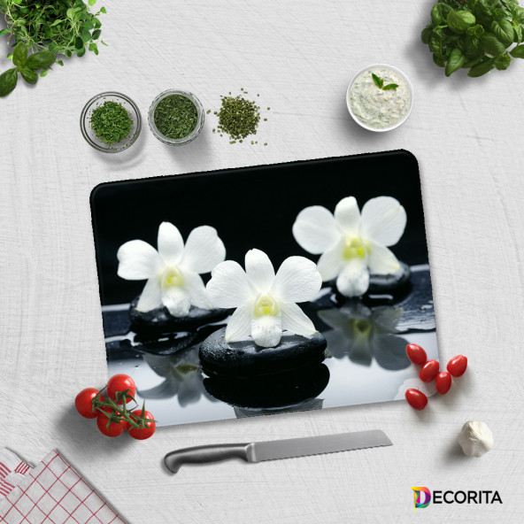 DECORITA Cam Kesme Tahtası- Siyah Fon Beyaz Orkideler - 3