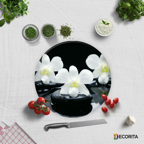 DECORITA Cam Kesme Tahtası- Siyah Fon Beyaz Orkideler - 4