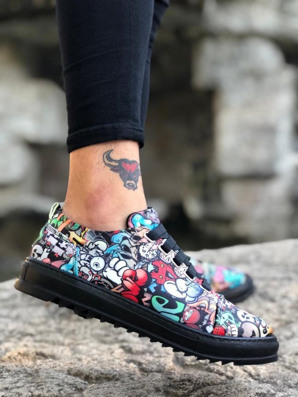 BA0111 Renkli Lastikli Rahat Siyah Taban Sneakers Erkek Spor Ayakkabı - 2