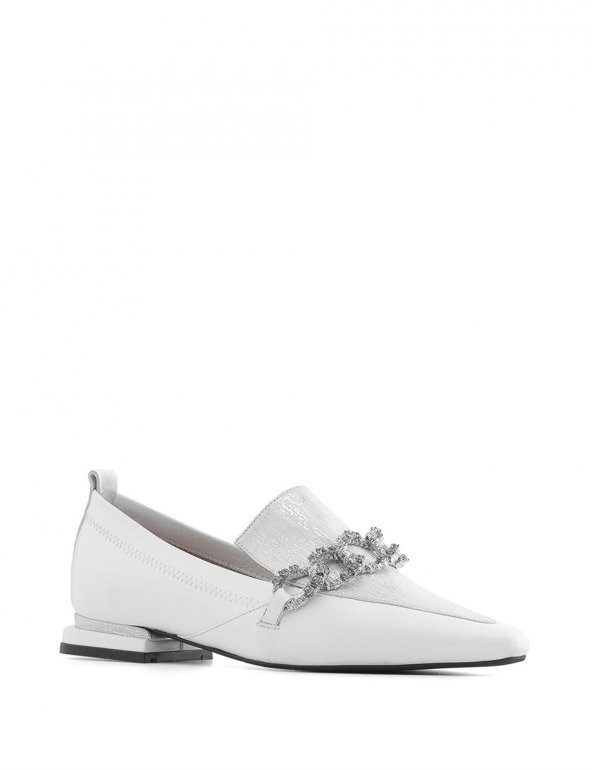 Adisson Bayan Makosen Ayakkabı Beyaz-Gümüş Deri